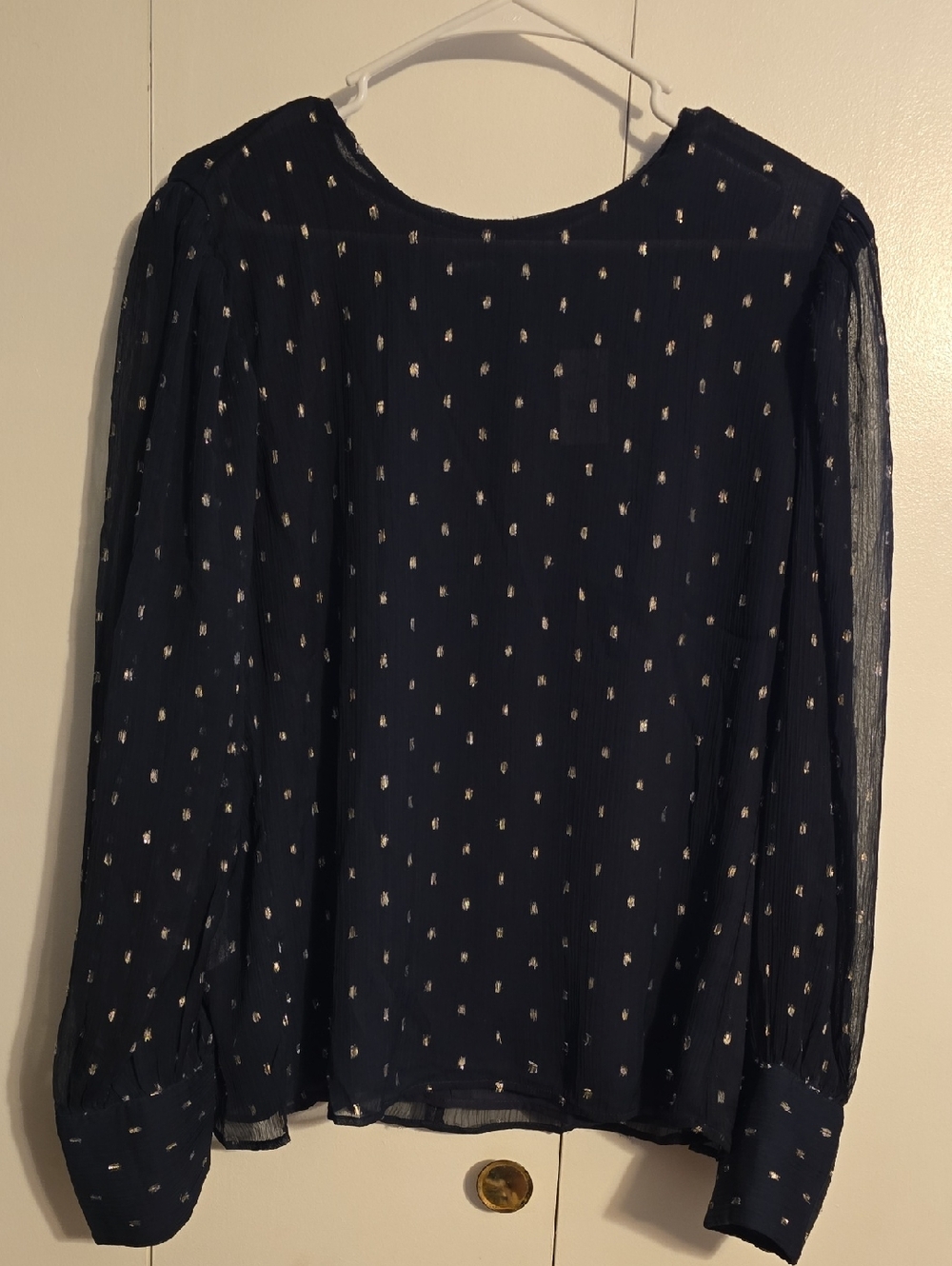 NWT Ann Taylor Navy Sheer Blouse with Metallic Dot Accents